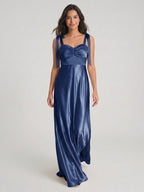 Navy Blue Satin A-Line Square Neck Floor-Length Bridesmaid Dress - Curvevia