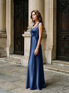 Navy Blue Satin A-Line Square Neck Floor-Length Bridesmaid Dress - Curvevia
