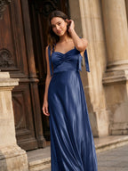 Navy Blue Satin A-Line Square Neck Floor-Length Bridesmaid Dress - Curvevia
