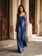 Navy Blue Satin A-Line Square Neck Floor-Length Bridesmaid Dress - Curvevia