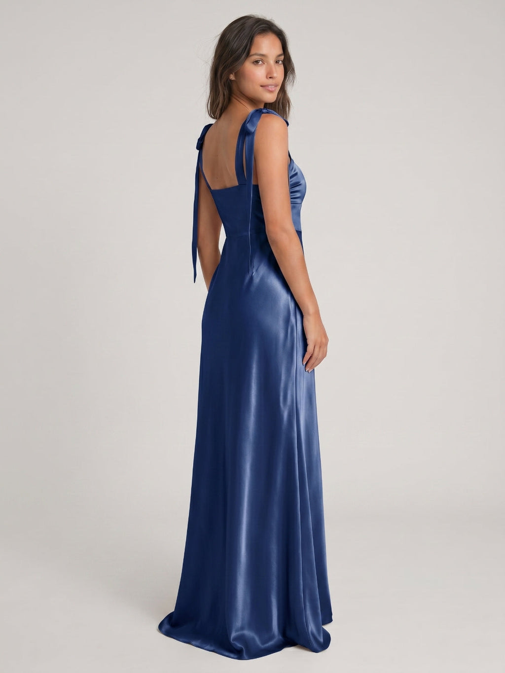 Navy Blue Satin A-Line Square Neck Floor-Length Bridesmaid Dress - Curvevia