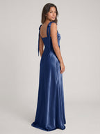 Navy Blue Satin A-Line Square Neck Floor-Length Bridesmaid Dress - Curvevia