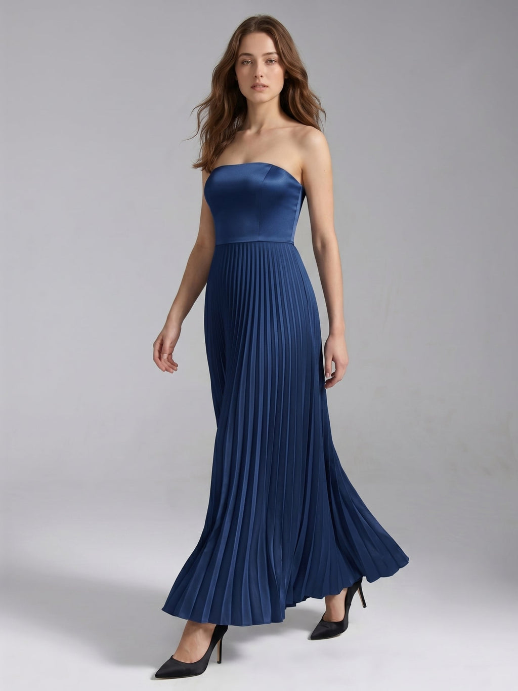 Navy Blue Satin A-Line Straight Neck Back Zip Floor-Length Bridesmaid Dress with Pleated Details - Curvevia