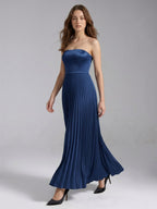 Navy Blue Satin A-Line Straight Neck Back Zip Floor-Length Bridesmaid Dress with Pleated Details - Curvevia