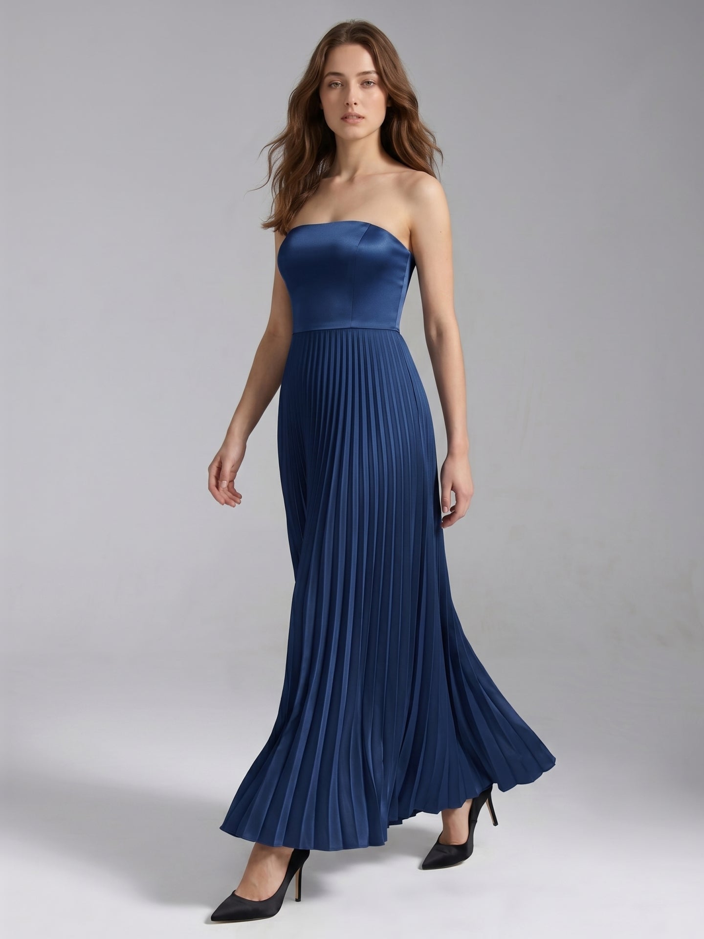 Navy Blue Satin A-Line Straight Neck Back Zip Floor-Length Bridesmaid Dress with Pleated Details - Curvevia