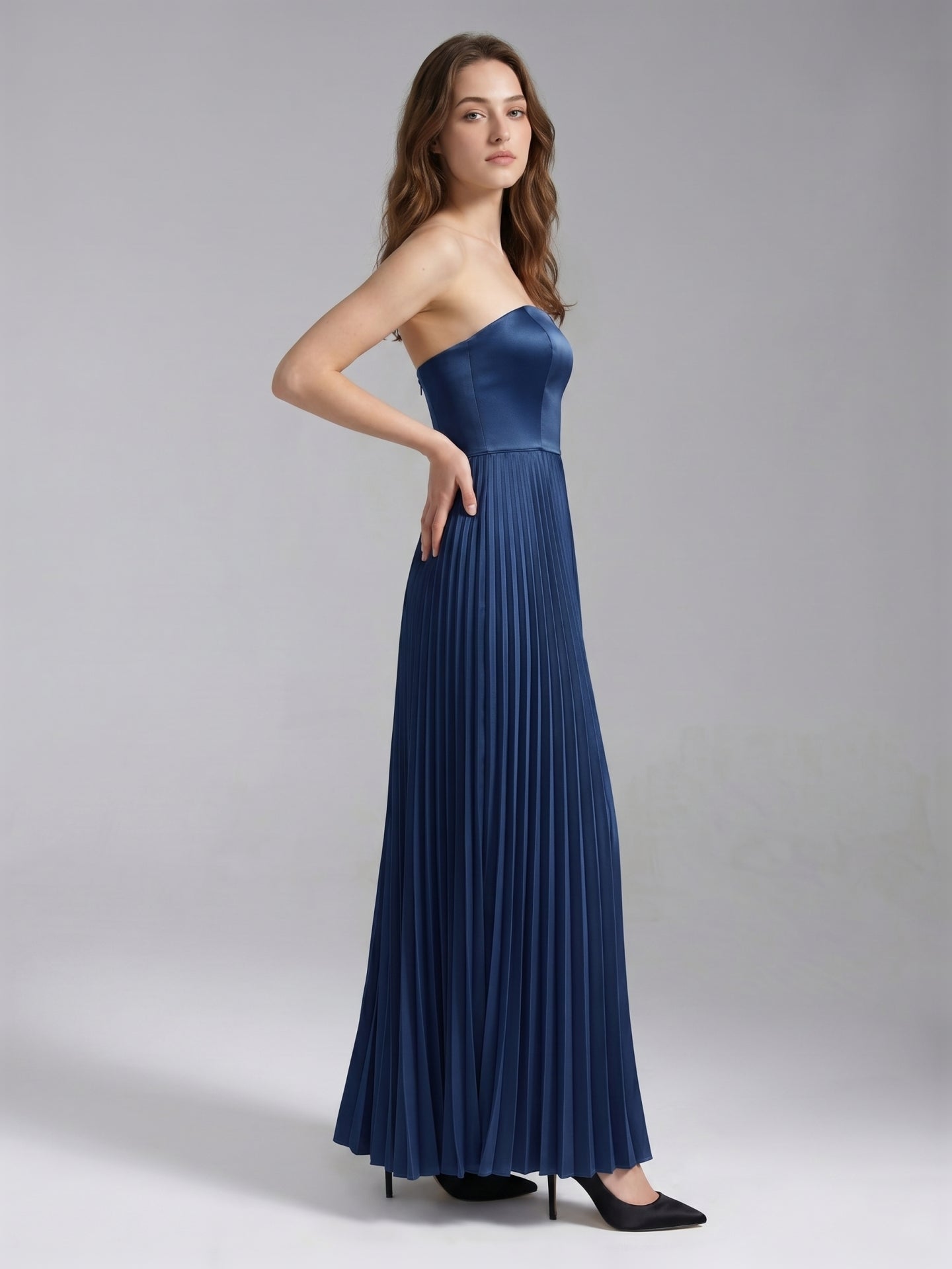 Navy Blue Satin A-Line Straight Neck Back Zip Floor-Length Bridesmaid Dress with Pleated Details - Curvevia
