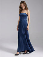 Navy Blue Satin A-Line Straight Neck Back Zip Floor-Length Bridesmaid Dress with Pleated Details - Curvevia