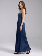 Navy Blue Satin A-Line Straight Neck Back Zip Floor-Length Bridesmaid Dress with Pleated Details - Curvevia