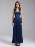 Navy Blue Satin A-Line Straight Neck Back Zip Floor-Length Bridesmaid Dress with Pleated Details - Curvevia
