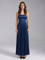 Navy Blue Satin A-Line Straight Neck Back Zip Floor-Length Bridesmaid Dress with Pleated Details - Curvevia