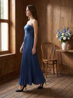 Navy Blue Satin A-Line Straight Neck Back Zip Floor-Length Bridesmaid Dress with Pleated Details - Curvevia