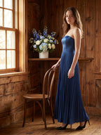 Navy Blue Satin A-Line Straight Neck Back Zip Floor-Length Bridesmaid Dress with Pleated Details - Curvevia