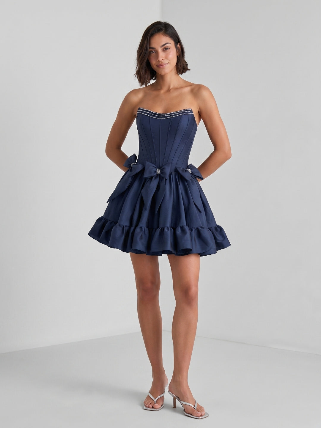 Navy Blue Satin A-Line Straight Neck Backless Short Homecoming Dress with Bow - Curvevia