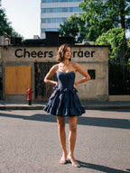 Navy Blue Satin A-Line Straight Neck Backless Short Homecoming Dress with Bow - Curvevia