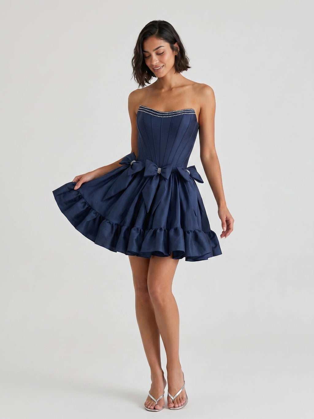 Navy Blue Satin A-Line Straight Neck Backless Short Homecoming Dress with Bow - Curvevia