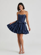Navy Blue Satin A-Line Straight Neck Backless Short Homecoming Dress with Bow - Curvevia