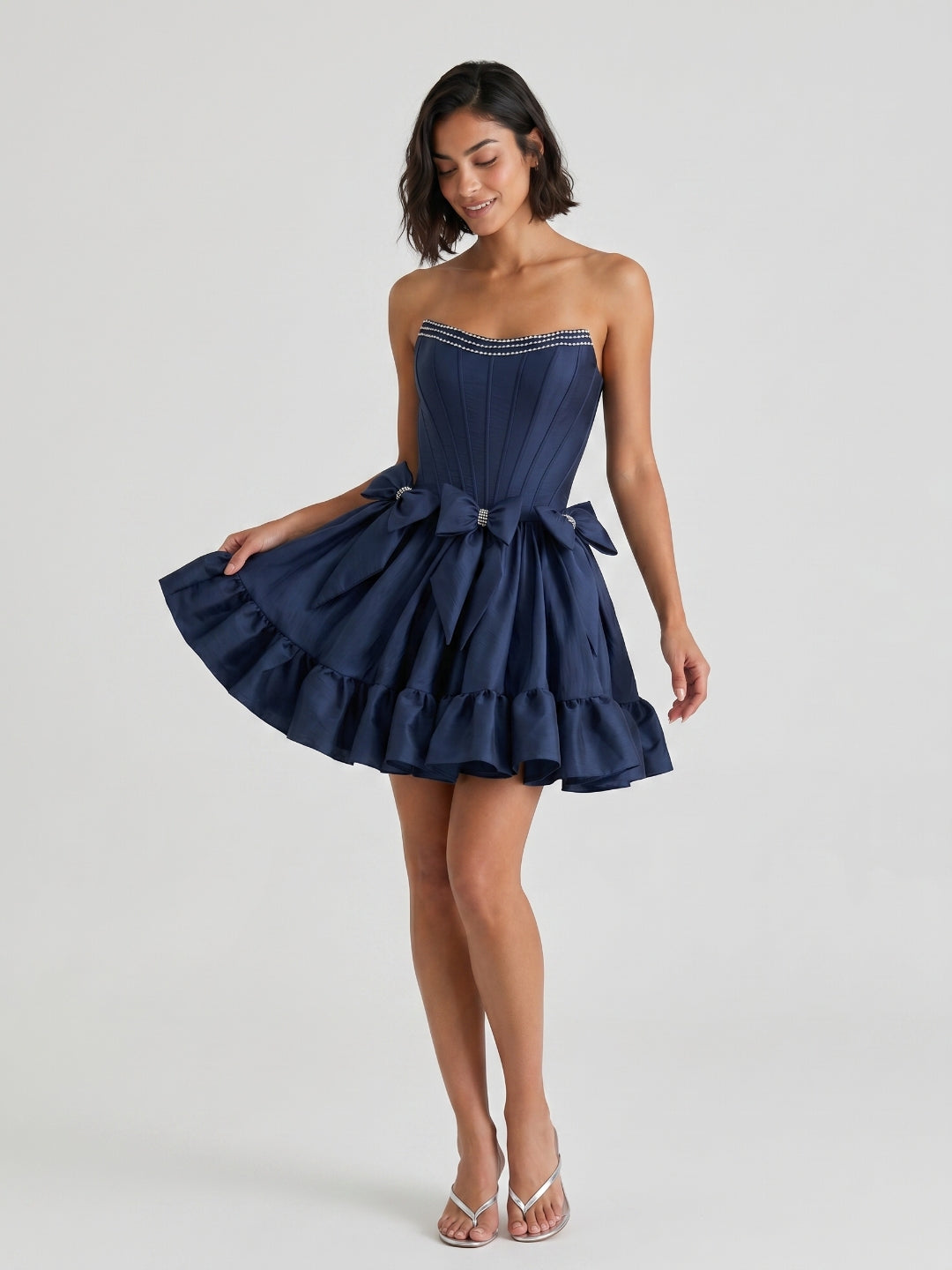 Navy Blue Satin A-Line Straight Neck Backless Short Homecoming Dress with Bow - Curvevia