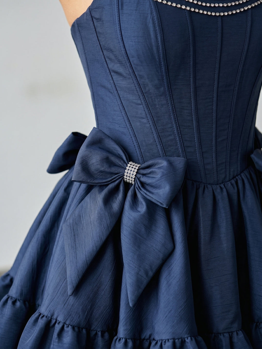 Navy Blue Satin A-Line Straight Neck Backless Short Homecoming Dress with Bow - Curvevia