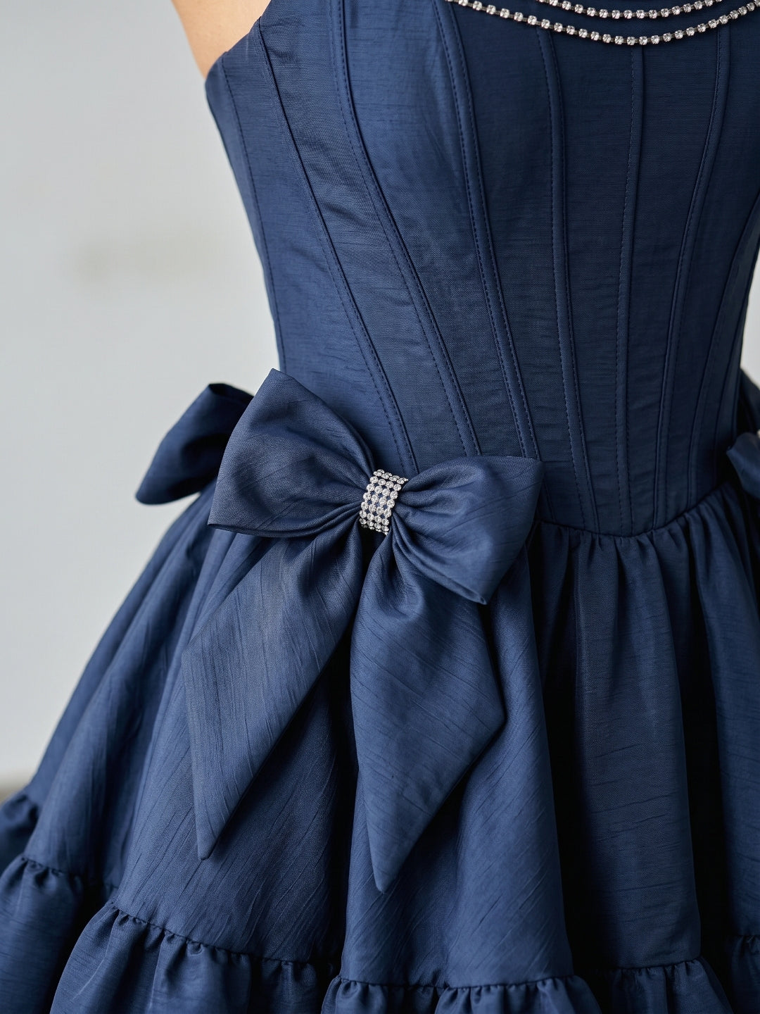 Navy Blue Satin A-Line Straight Neck Backless Short Homecoming Dress with Bow - Curvevia