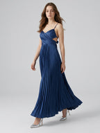 Navy Blue Satin A-Line Sweetheart Back Zip Ankle-Length Bridesmaid Dress Pleated - Curvevia