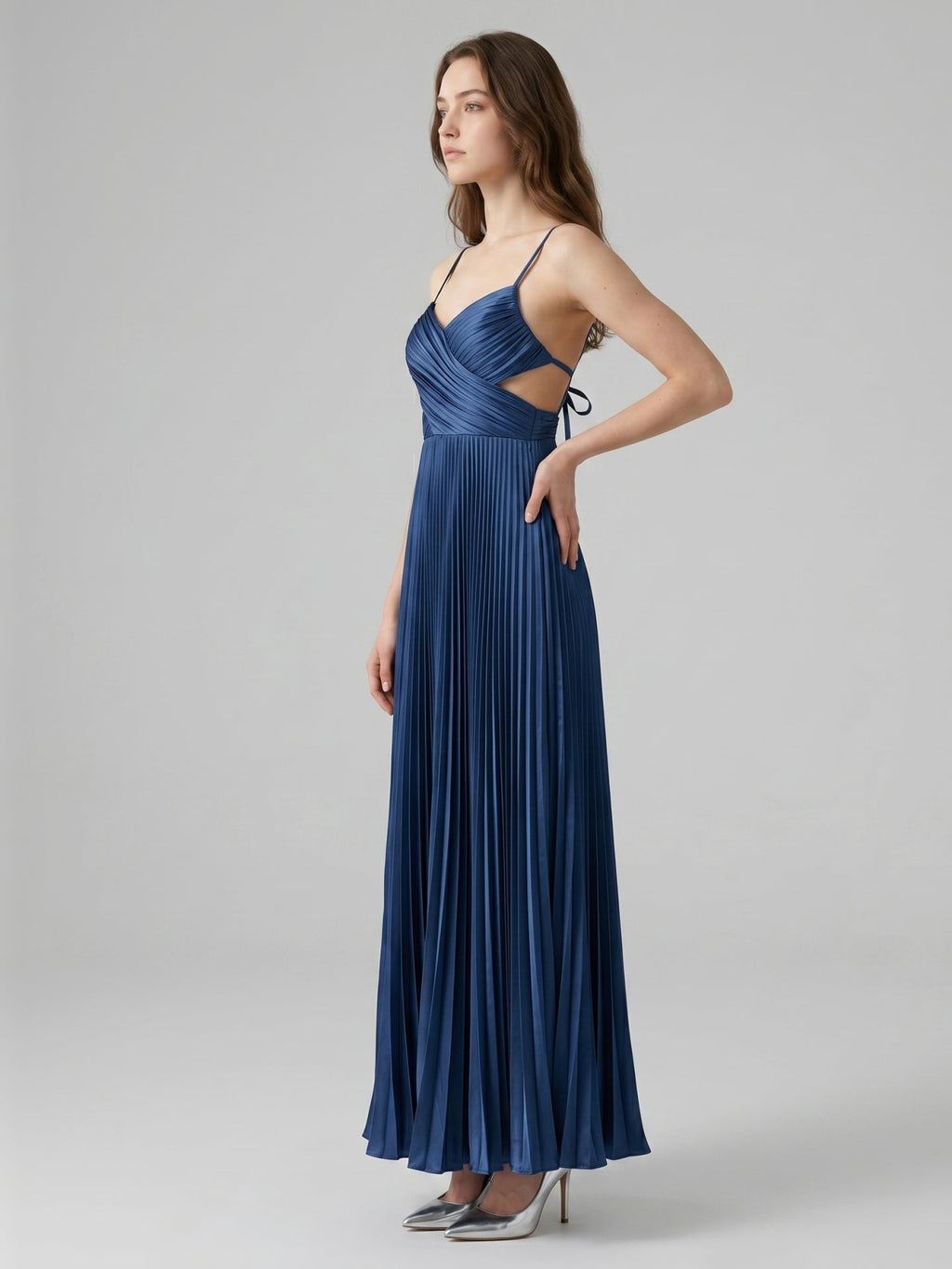 Navy Blue Satin A-Line Sweetheart Back Zip Ankle-Length Bridesmaid Dress Pleated - Curvevia