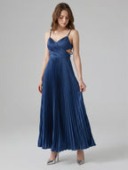 Navy Blue Satin A-Line Sweetheart Back Zip Ankle-Length Bridesmaid Dress Pleated - Curvevia