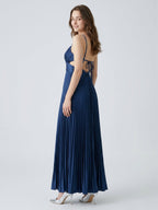 Navy Blue Satin A-Line Sweetheart Back Zip Ankle-Length Bridesmaid Dress Pleated - Curvevia