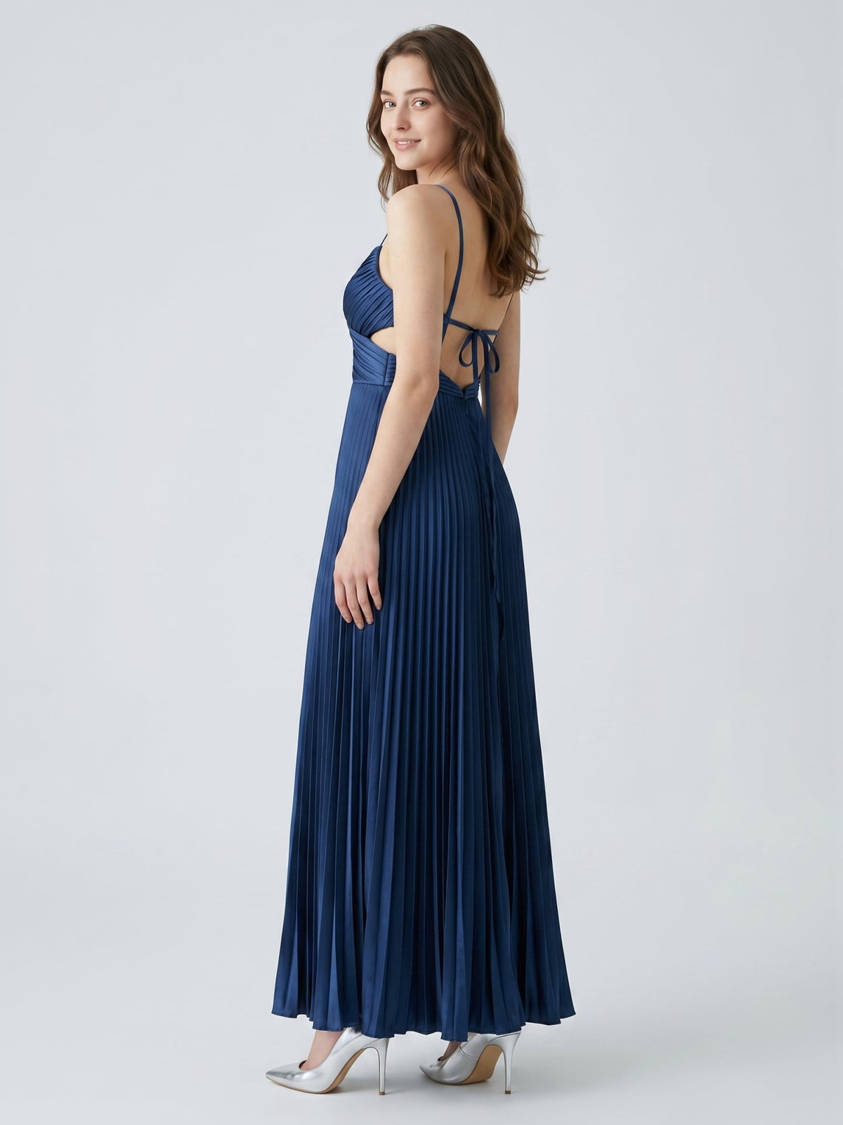 Navy Blue Satin A-Line Sweetheart Back Zip Ankle-Length Bridesmaid Dress Pleated - Curvevia