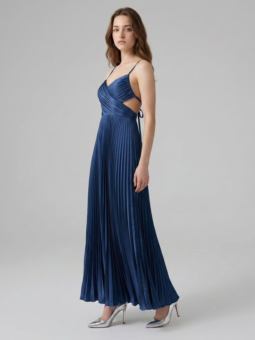 Navy Blue Satin A-Line Sweetheart Back Zip Ankle-Length Bridesmaid Dress Pleated - Curvevia