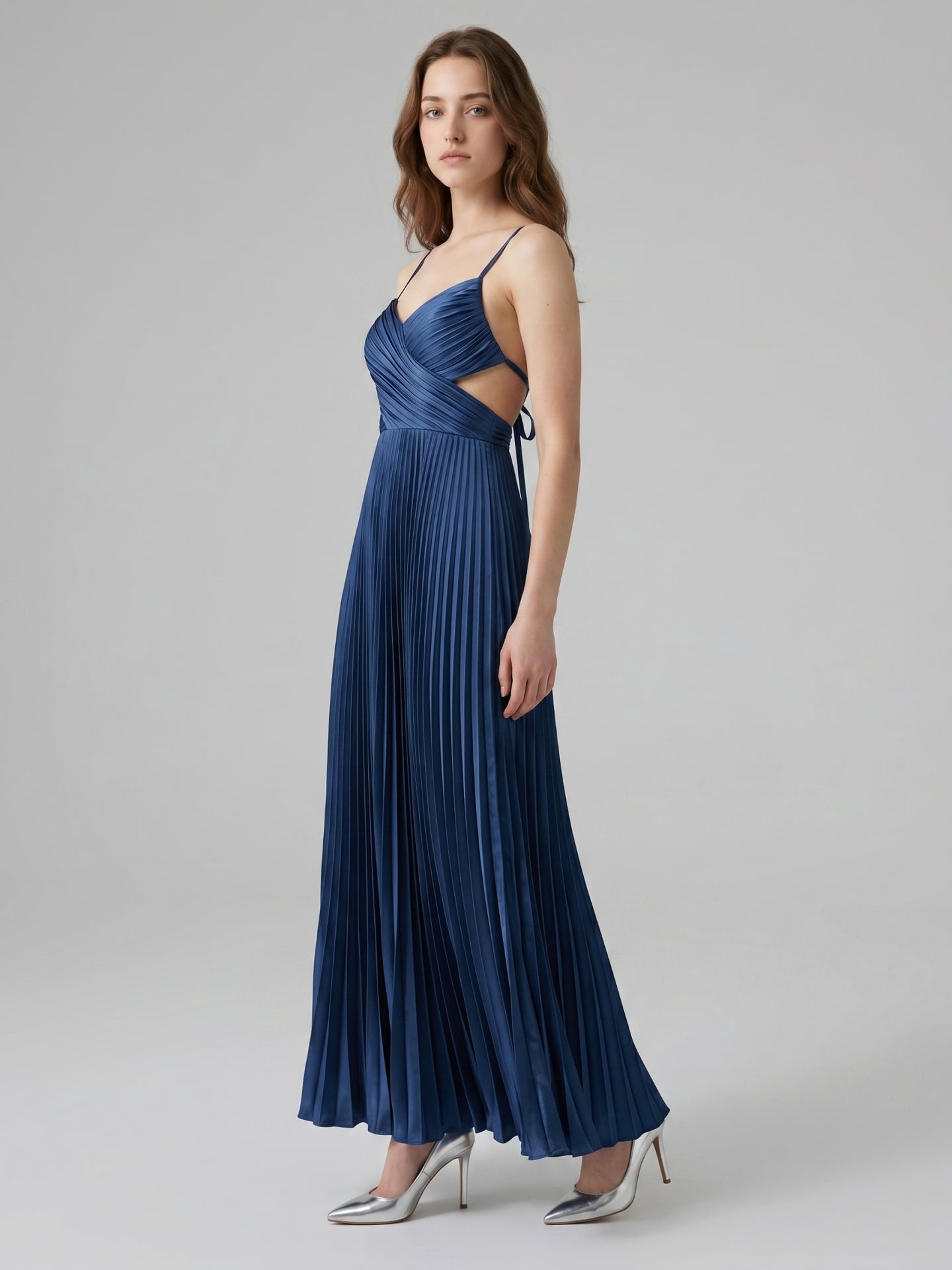 Navy Blue Satin A-Line Sweetheart Back Zip Ankle-Length Bridesmaid Dress Pleated - Curvevia