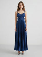 Navy Blue Satin A-Line Sweetheart Back Zip Ankle-Length Bridesmaid Dress Pleated - Curvevia