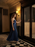 Navy Blue Satin A-Line Sweetheart Back Zip Ankle-Length Bridesmaid Dress Pleated - Curvevia