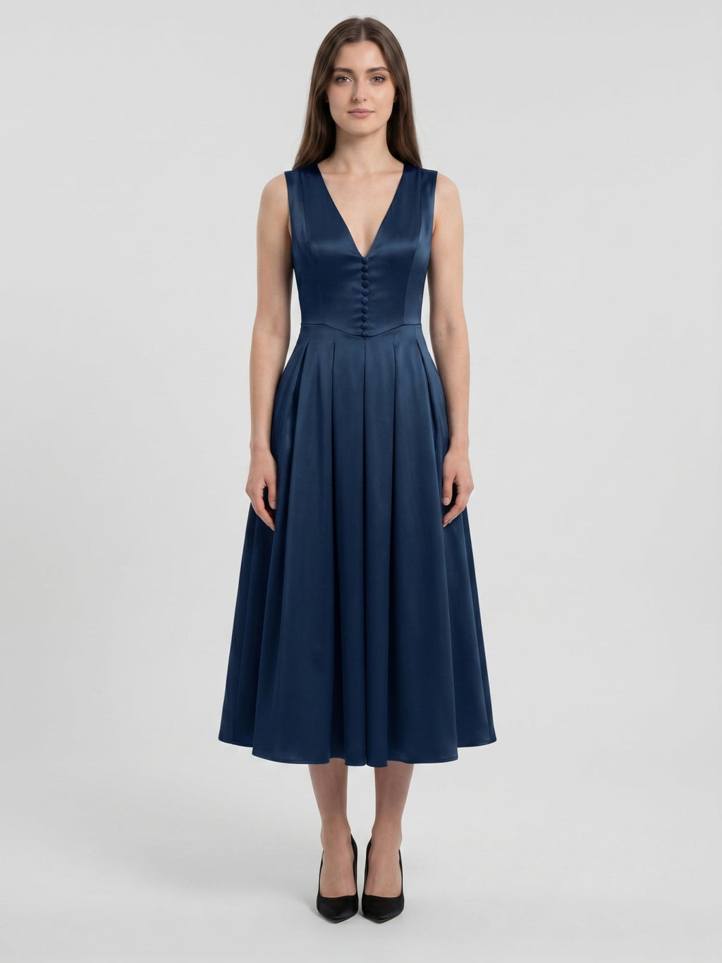 Navy Blue Satin A-Line V-Neck Back Zip Tea-Length Bridesmaid Dress with Pleated Details - Curvevia
