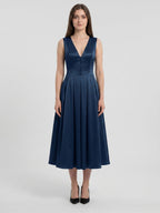 Navy Blue Satin A-Line V-Neck Back Zip Tea-Length Bridesmaid Dress with Pleated Details - Curvevia