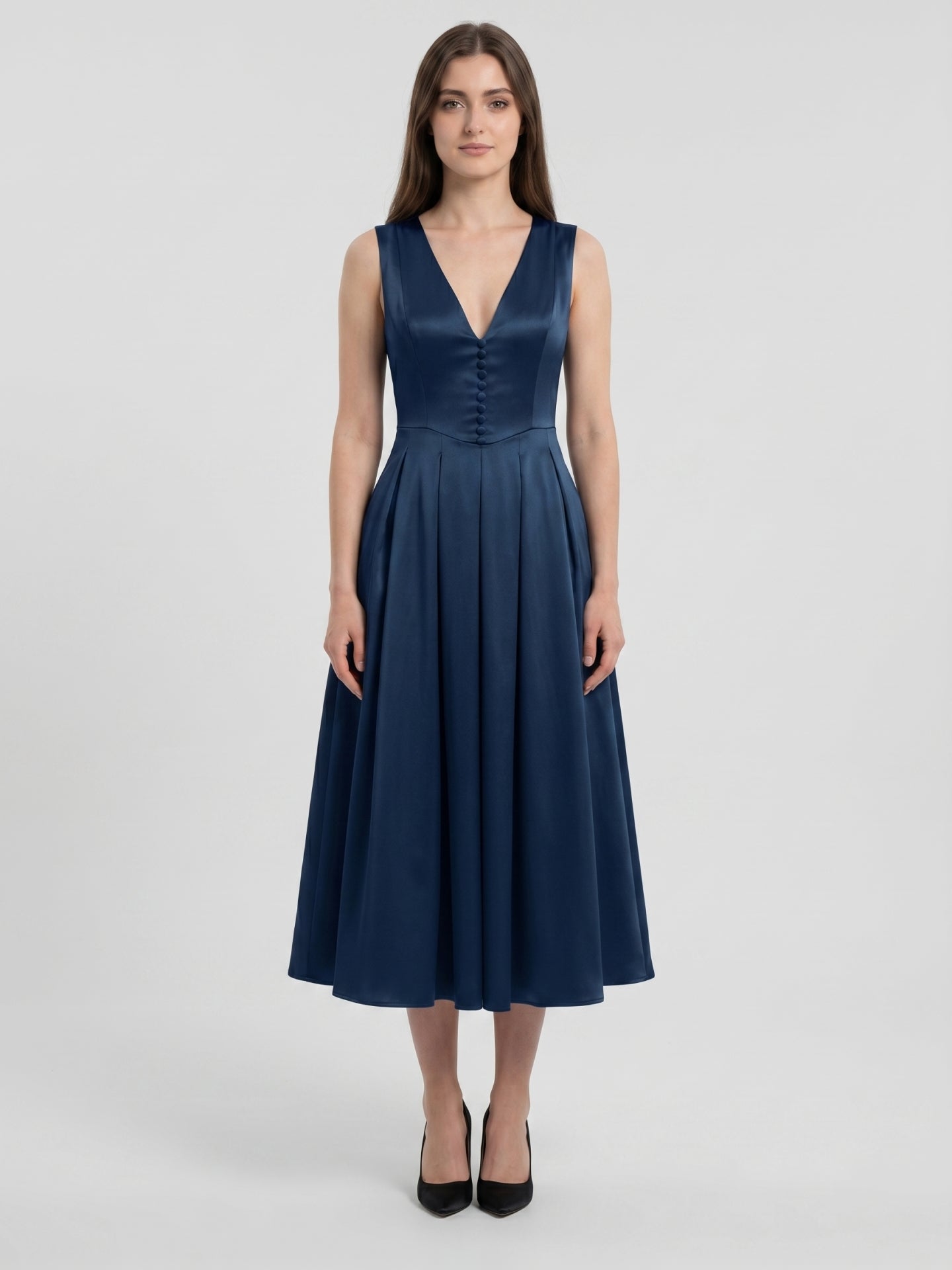 Navy Blue Satin A-Line V-Neck Back Zip Tea-Length Bridesmaid Dress with Pleated Details - Curvevia
