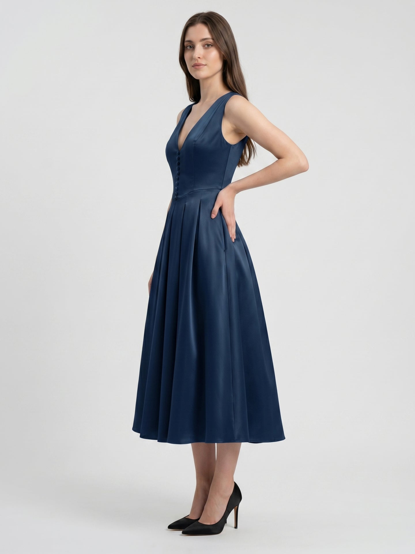 Navy Blue Satin A-Line V-Neck Back Zip Tea-Length Bridesmaid Dress with Pleated Details - Curvevia
