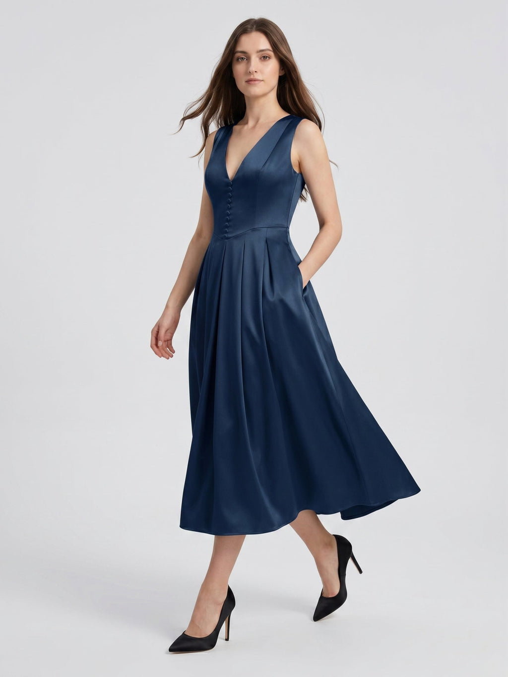 Navy Blue Satin A-Line V-Neck Back Zip Tea-Length Bridesmaid Dress with Pleated Details - Curvevia