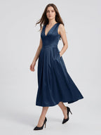Navy Blue Satin A-Line V-Neck Back Zip Tea-Length Bridesmaid Dress with Pleated Details - Curvevia