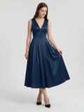 Navy Blue Satin A-Line V-Neck Back Zip Tea-Length Bridesmaid Dress with Pleated Details - Curvevia