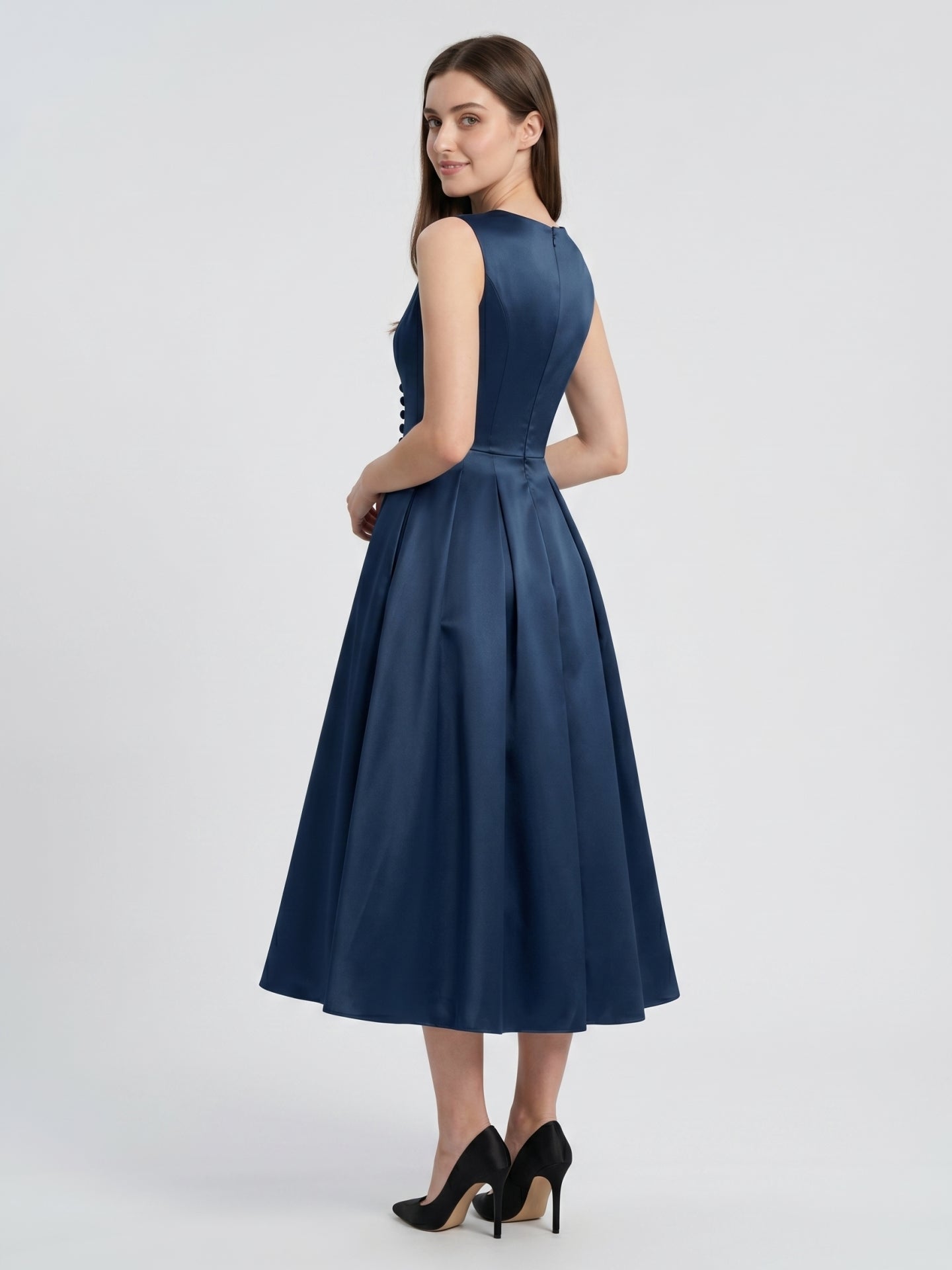 Navy Blue Satin A-Line V-Neck Back Zip Tea-Length Bridesmaid Dress with Pleated Details - Curvevia