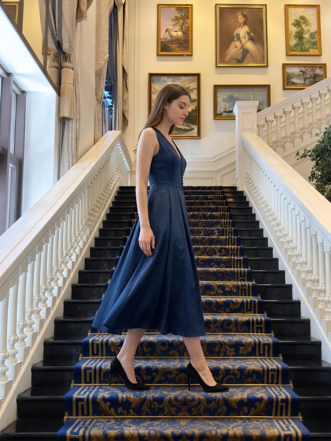 Navy Blue Satin A-Line V-Neck Back Zip Tea-Length Bridesmaid Dress with Pleated Details - Curvevia