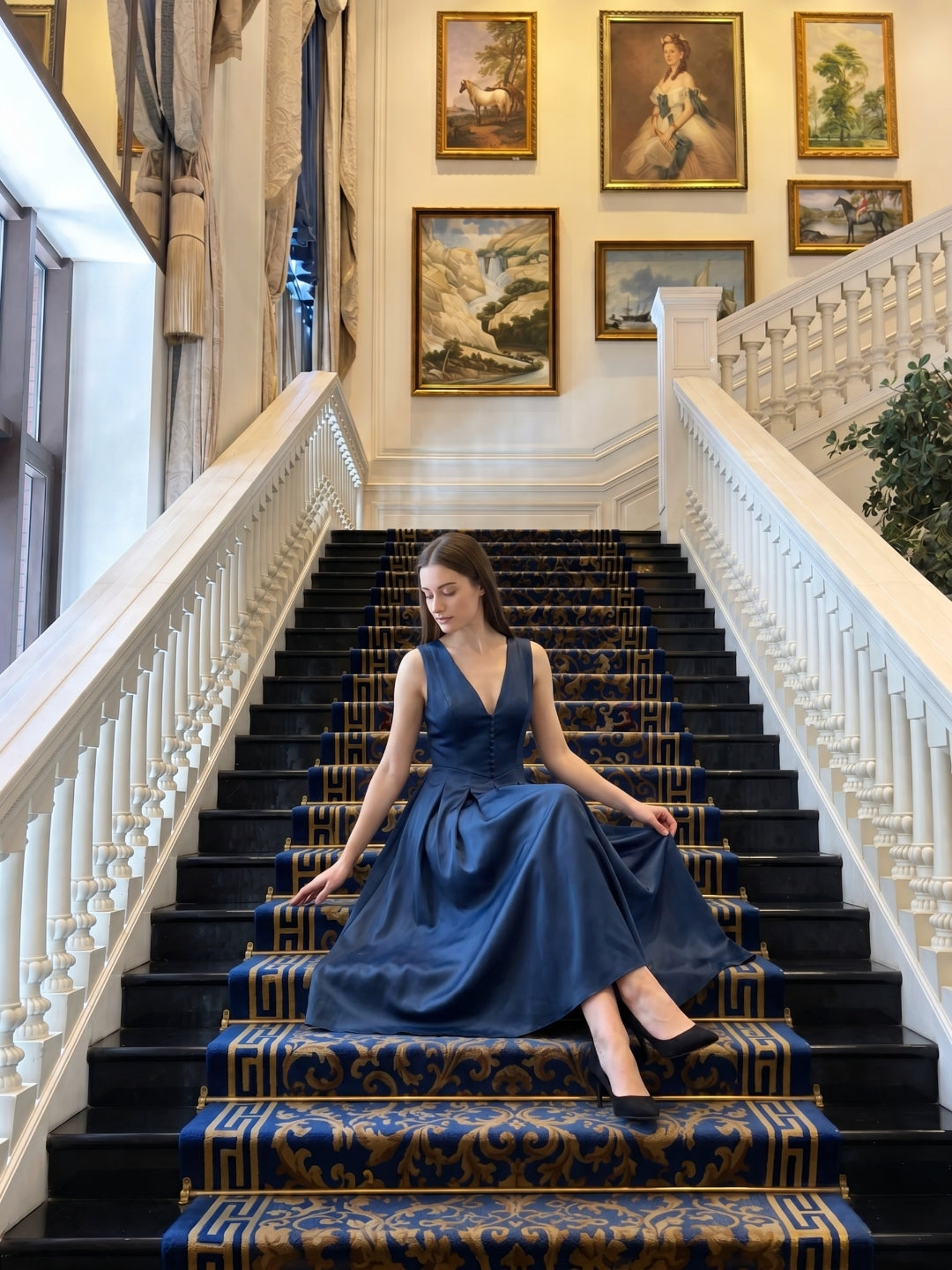 Navy Blue Satin A-Line V-Neck Back Zip Tea-Length Bridesmaid Dress with Pleated Details - Curvevia