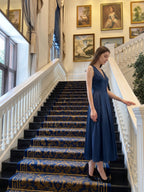 Navy Blue Satin A-Line V-Neck Back Zip Tea-Length Bridesmaid Dress with Pleated Details - Curvevia