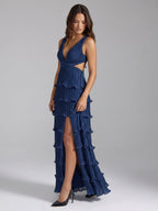 Navy Blue Satin A-Line V-Neck Criss-Cross Straps Ankle-Length Bridesmaid Dress with Pleated Skirt - Curvevia