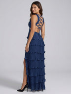 Navy Blue Satin A-Line V-Neck Criss-Cross Straps Ankle-Length Bridesmaid Dress with Pleated Skirt - Curvevia