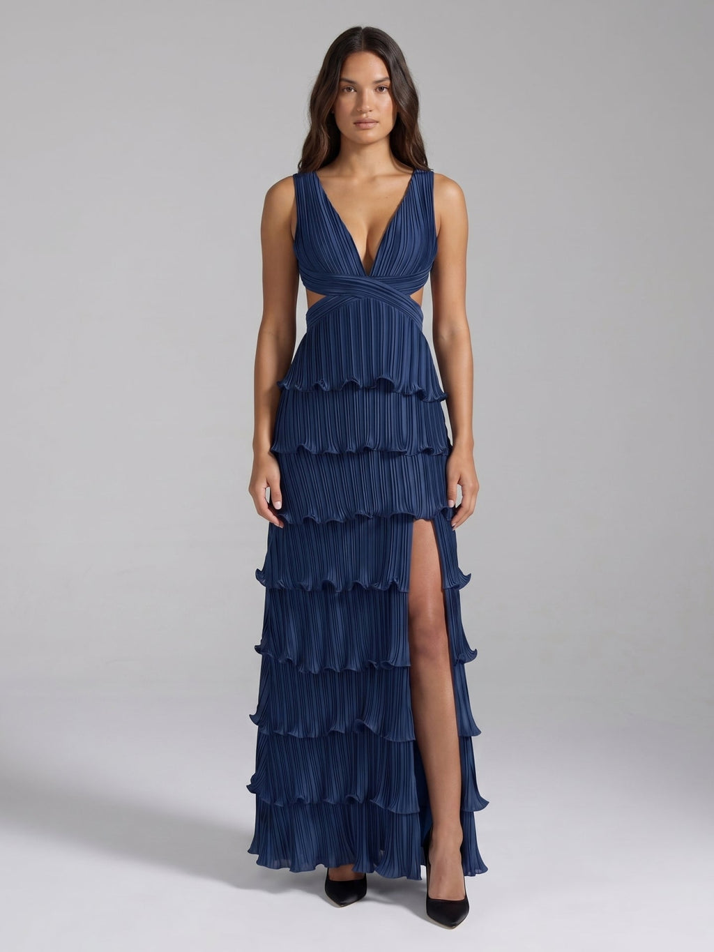 Navy Blue Satin A-Line V-Neck Criss-Cross Straps Ankle-Length Bridesmaid Dress with Pleated Skirt - Curvevia