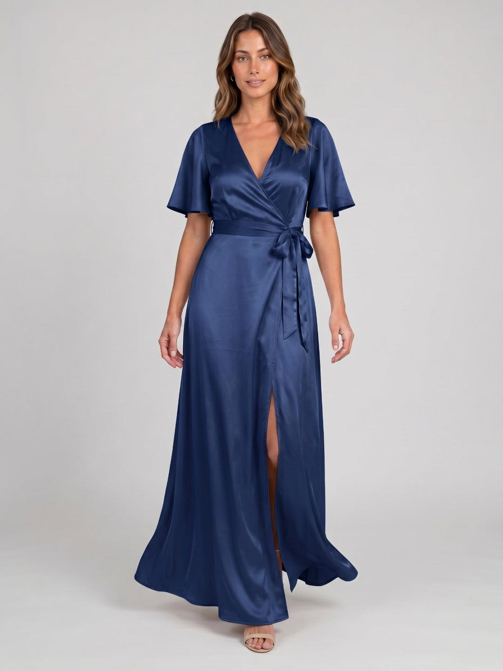 Navy Blue Satin A-Line V-Neck Floor-Length Bridesmaid Dress - Curvevia