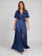 Navy Blue Satin A-Line V-Neck Floor-Length Bridesmaid Dress - Curvevia