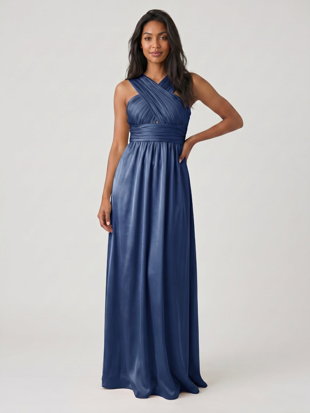Navy Blue Satin A-Line V-Neck Floor-Length Bridesmaid Dress - Curvevia
