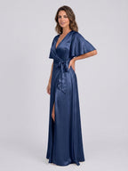 Navy Blue Satin A-Line V-Neck Floor-Length Bridesmaid Dress - Curvevia